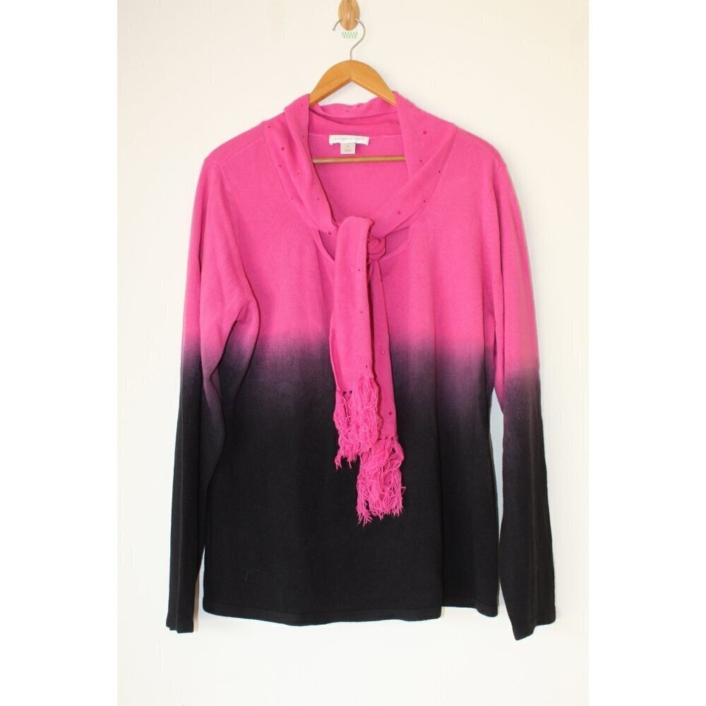 Christopher & Banks Ombre Sweater size XL Cowl Neck Black & Pink Top Scarf Tie